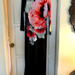 Long black ASOS dress with floral pattern